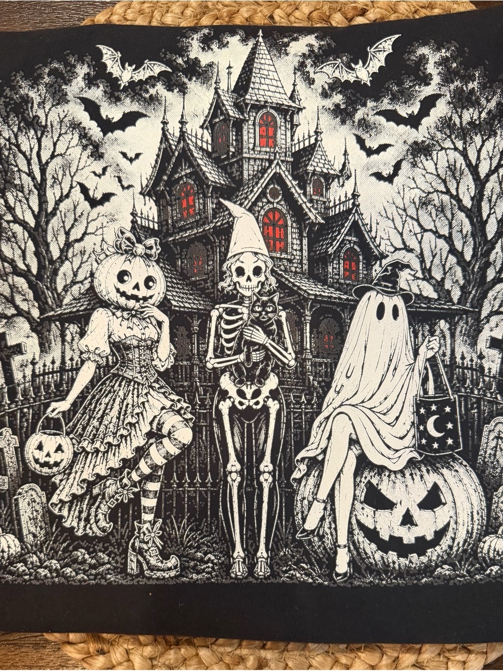 Comfort Colors Black & White Halloween Haunted House Tee with Red Window Accents